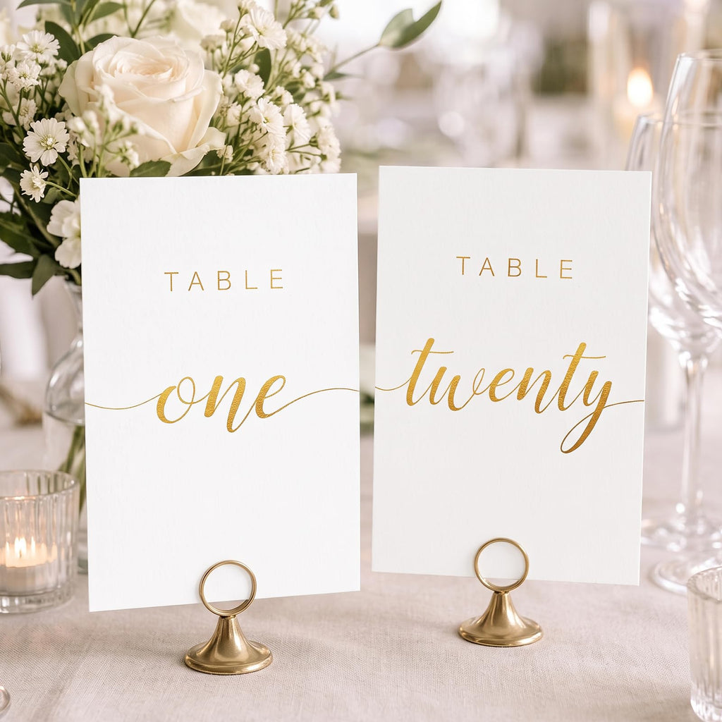 Elegant Gold Wedding Table Numbers 1-20 with Head Table, White Art Paper