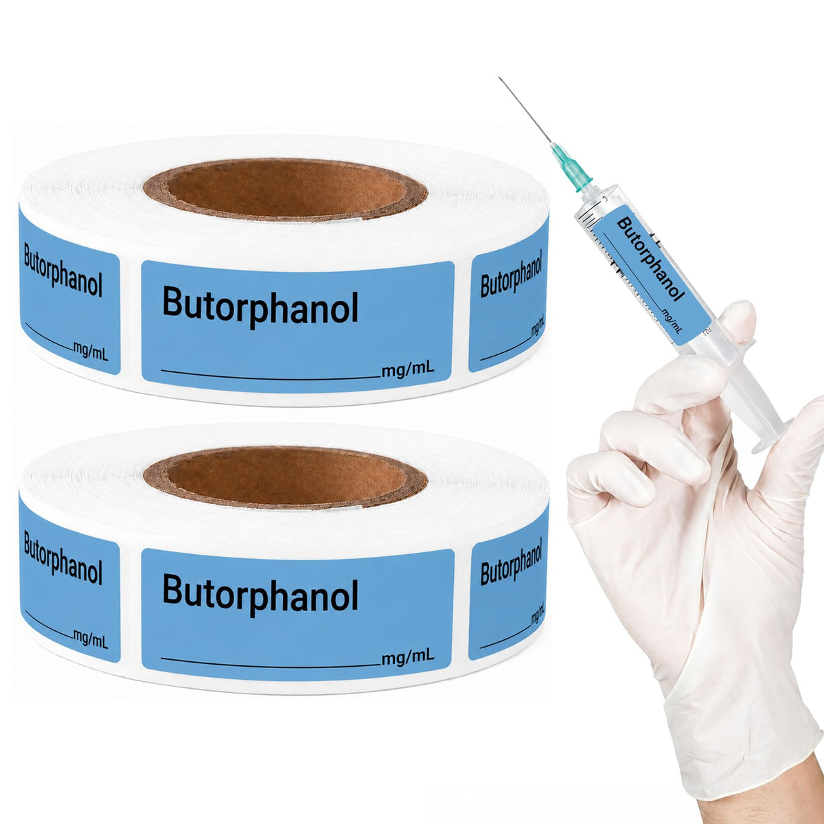 1000Pcs Naloxone Syringe Labels, 12x40mm Water Resistant, 2 Rolls Butorphanol