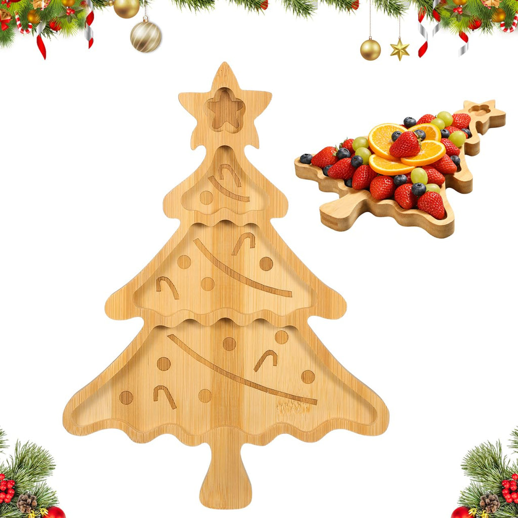 Veemoon Christmas Tree Serving Platter Small Bamboo Charcuterie Board Appetizer Display Tray Divided Candy Dish with 3 Compartments Snack Dessert Candy Fruit Plates for Xmas Party