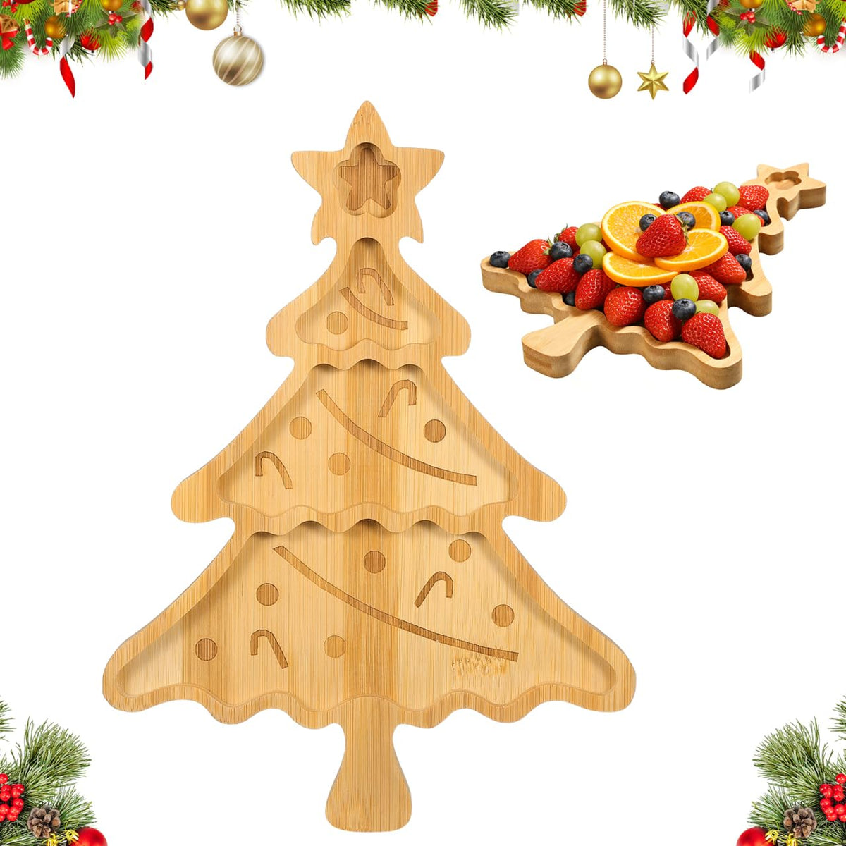 Veemoon Christmas Tree Serving Platter Small Bamboo Charcuterie Board Appetizer Display Tray Divided Candy Dish with 3 Compartments Snack Dessert Candy Fruit Plates for Xmas Party