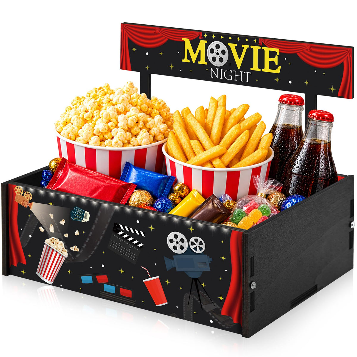 Movie Night Supplies Wooden Movie Night Snack Trays Gift Basket Halloween Home Theater Snack Caddy Popcorn Drink Candy Holder Box for Family Room Container Decor