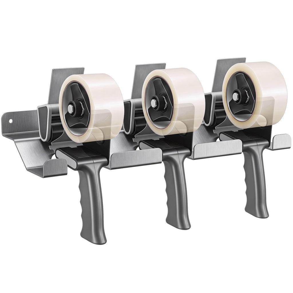 Pelopy Aluminum Wall Mount Tape Gun Holder Dispenser, Silver, 3 Roll Holder