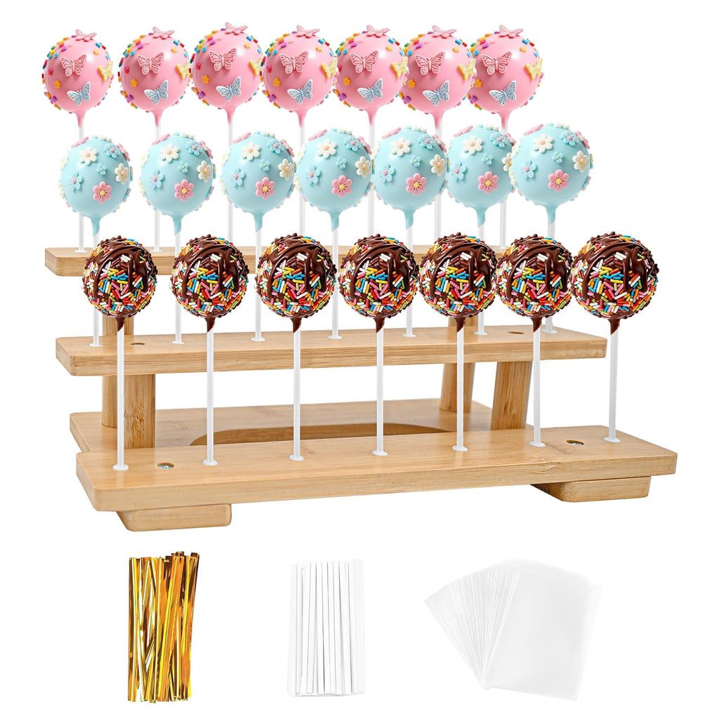3-Tier Wooden Cake Pop Stand with 21 Holes, 100pcs Cakepop Bags Sticks Ties