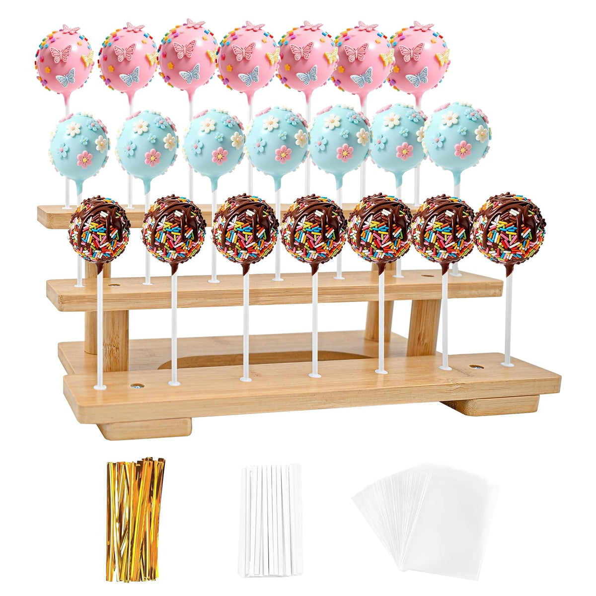 3-Tier Wooden Cake Pop Stand with 21 Holes, 100pcs Cakepop Bags Sticks Ties