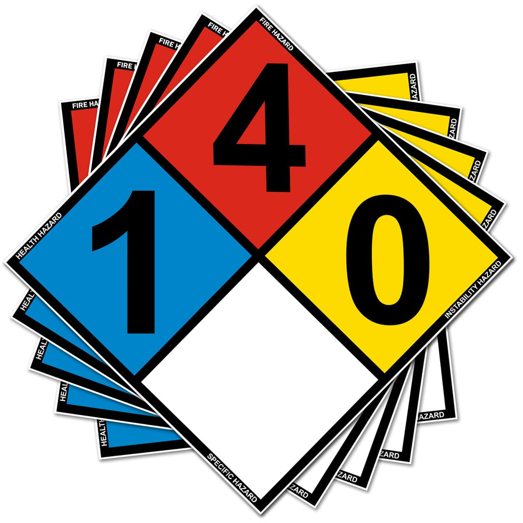 5-Pack 12" x 12" inch NFPA 704 Diamond 1-4-0 Laminated Vinyl Label Decal, Industrial Safety Chemical Sign with Permanent Adhesive Hazard Warning Sticker 12 x 12
