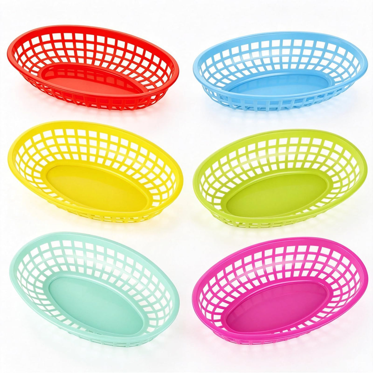 Ninsula Fast Food Baskets 6 Pack, Reusable Colorful Plastic Food Baskets, Oval 6.1 x 9.6 Inch Serving Basket for Food, Burgers, Fries, Sweets, Crisps, Picnics, Parties and BBQ