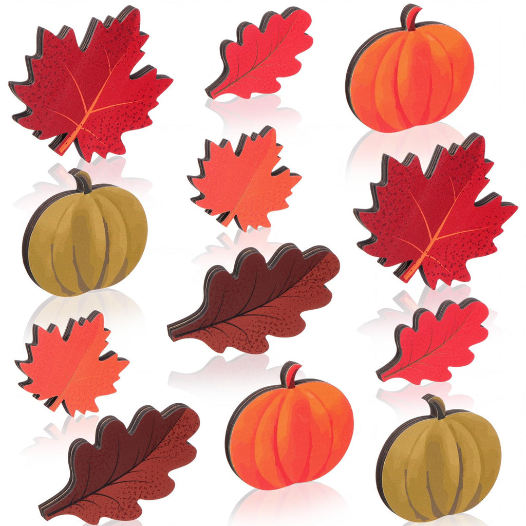 Yookeer 12pcs Fall Tiered Tray Decor Wooden Pumpkin Maple Oak Leaves 12