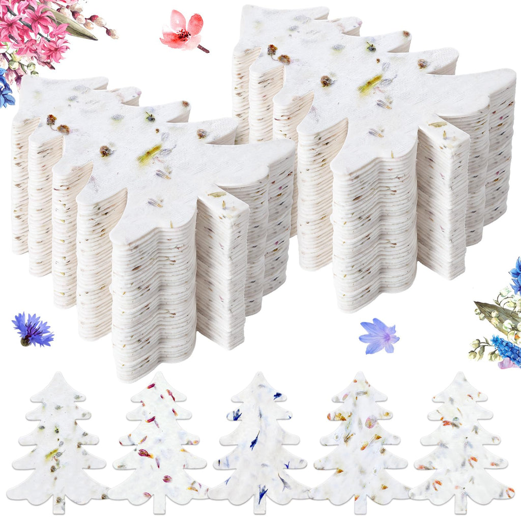 Dunzoom 100 Pcs Handmade Wildflower Seed Paper Tag, Christmas Tree Shape