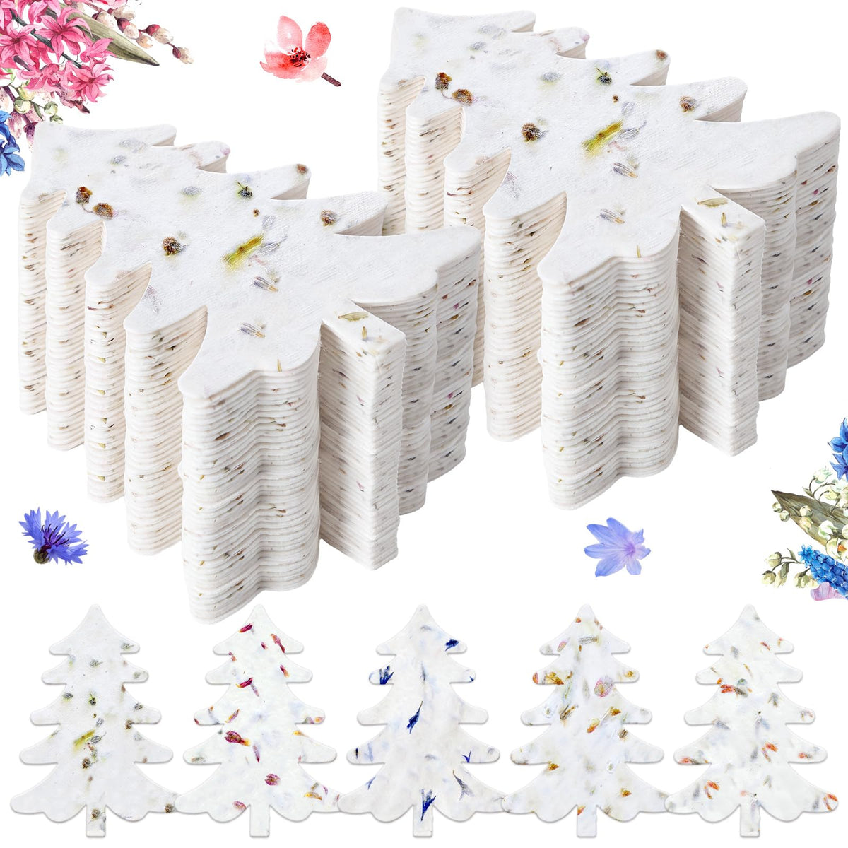 Dunzoom 100 Pcs Handmade Wildflower Seed Paper Tag, Christmas Tree Shape