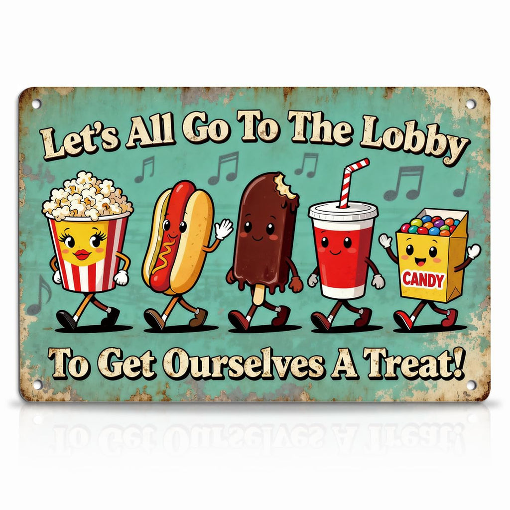 Let's All Go to the Lobby Movie Snack Metal Tin Sign, Home Theater Decor