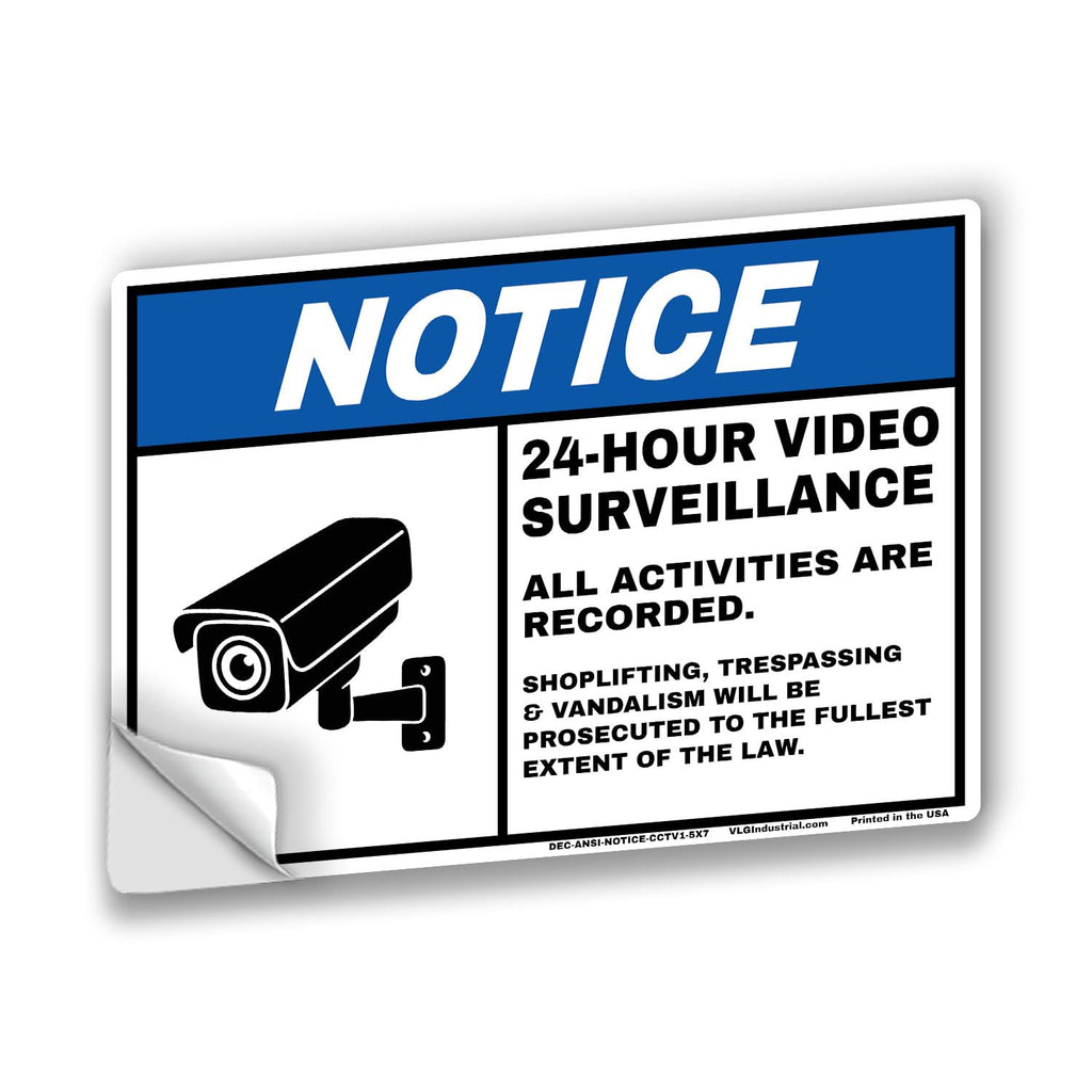 NOTICE 24-Hour Video Surveillance Stickers 5-Pack 5" x 7" – All Activities Are Recorded Security Camera Warning Decals – ANSI Style CCTV Surveillance Labels for Business, Property, Doors & Entrances