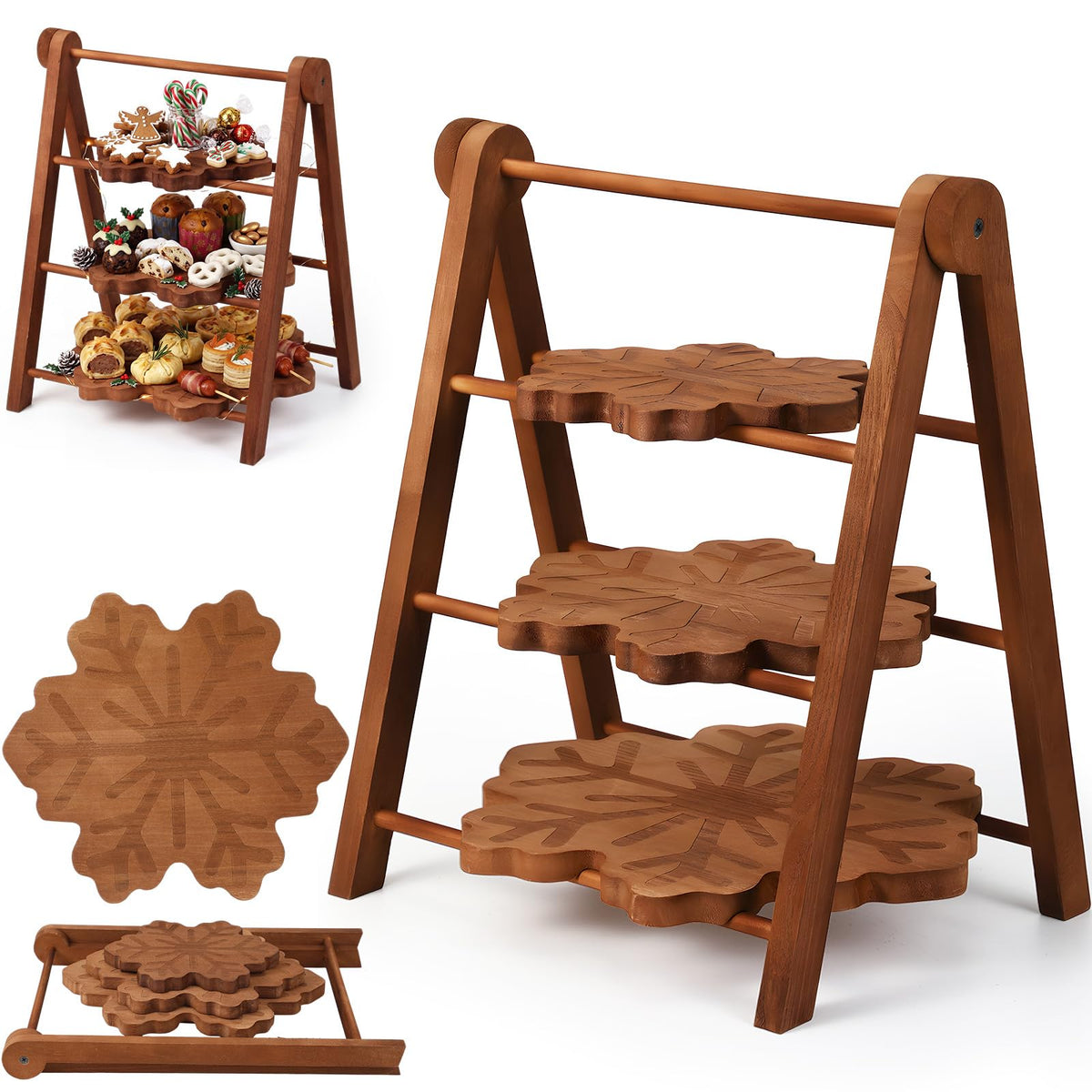 Marsui 3 Tier Christmas Snowflake Serving Tray with 16 in Collapsible Stand