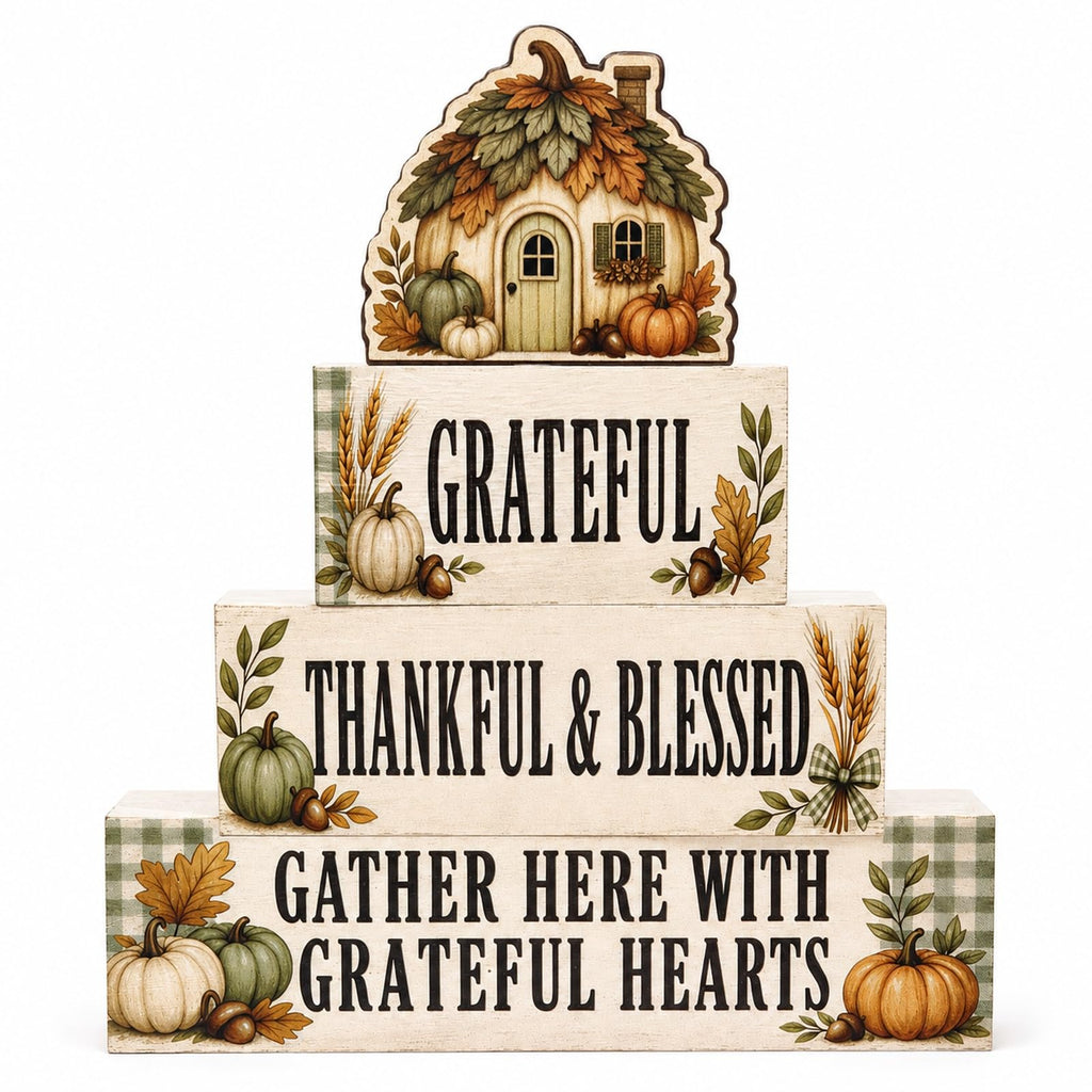EXY 4 Pcs Pumpkin House Table Decor Fall Rustic Wooden Tiered Tray Decor Thanksgiving Pumpkin