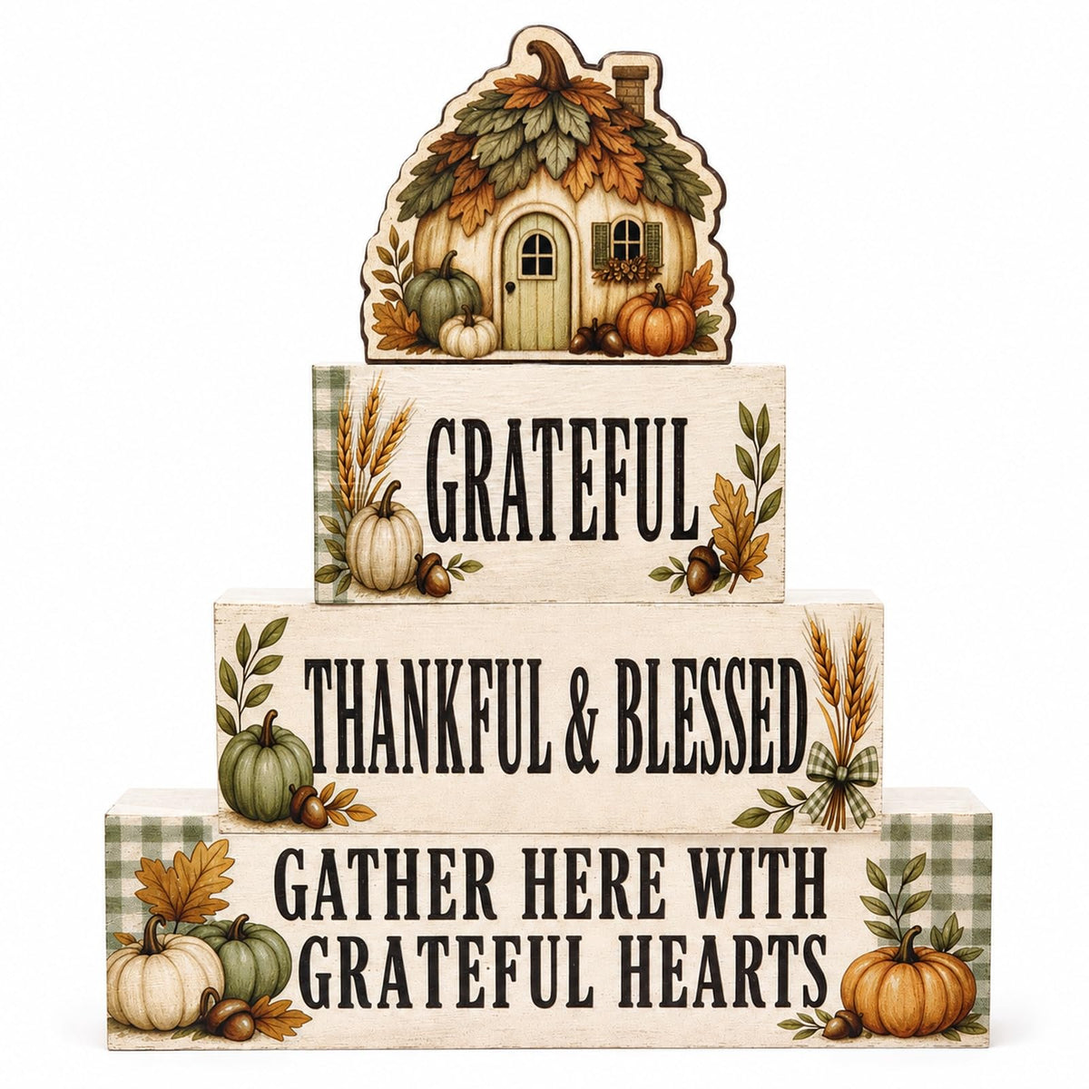 EXY 4 Pcs Pumpkin House Table Decor Fall Rustic Wooden Tiered Tray Decor Thanksgiving Pumpkin