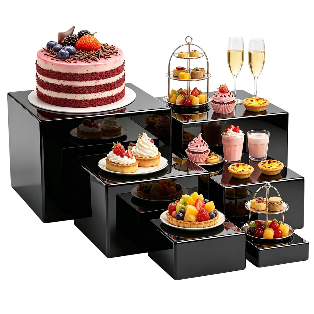 Saim Acrylic Buffet Risers Display Stands 3" To 8" Square, 6pcs Black