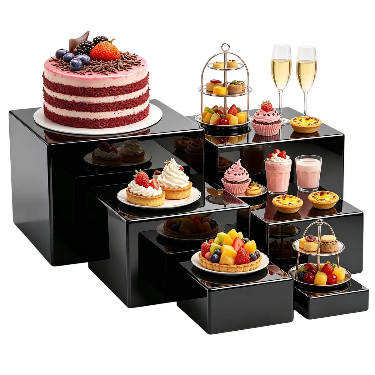 Saim Acrylic Buffet Risers Display Stands 3" To 8" Square, 6pcs Black