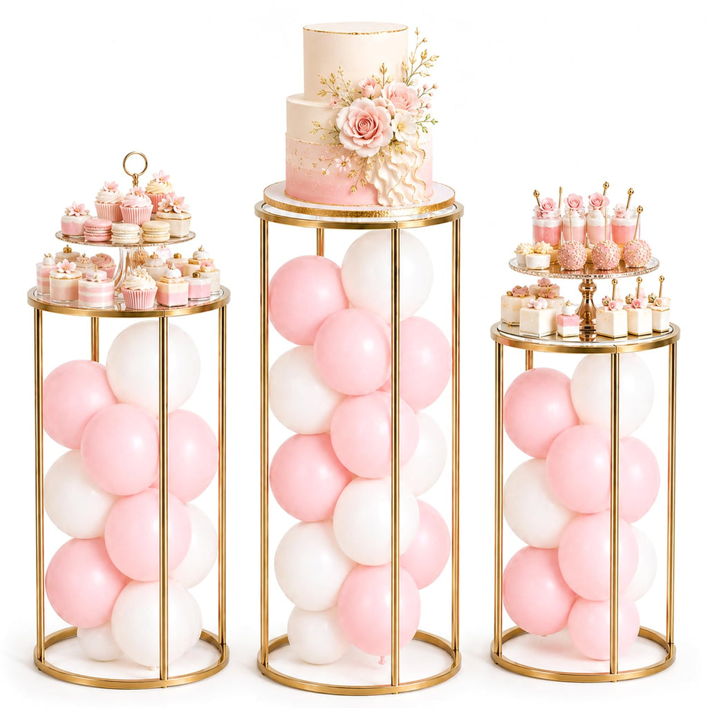 3Pcs Cylinder Stands for Party With 50 Balloons, Gold Cylinder Pedestal Stand, Cilindros para Fiestas Cake pedestal Stand Metal Round Display Plant Stand Tables for Weddings Birthday Decorations