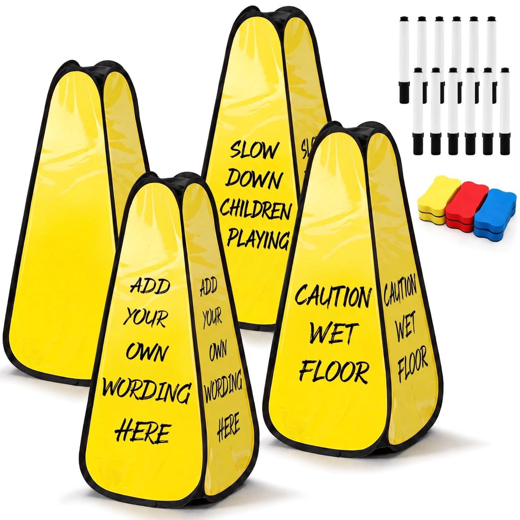 Sabary 4 Pcs 24'' Pop up Caution Wet Floor Sign Kit Dry Erase 4 Sided Blank