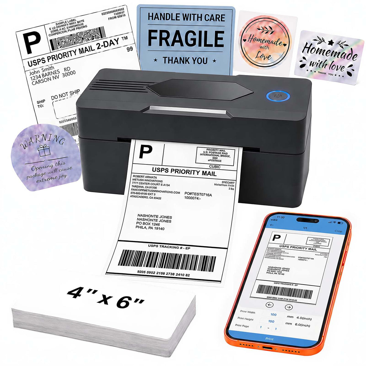 Bluetooth Thermal Shipping Label Printer, 4x6, Black