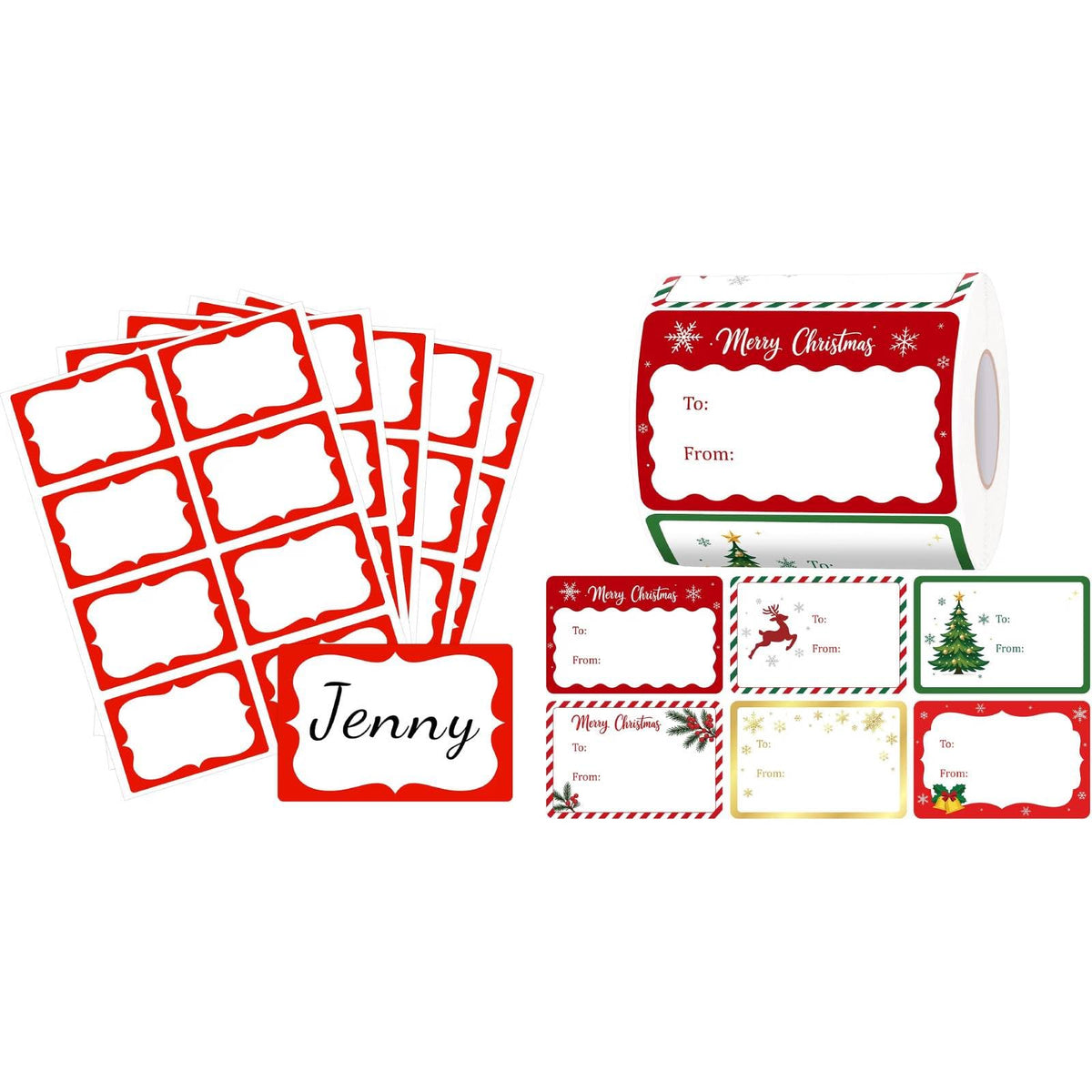 200Pcs Red Name Tag Stickers+500Pcs Christmas Name Tag Stickers
