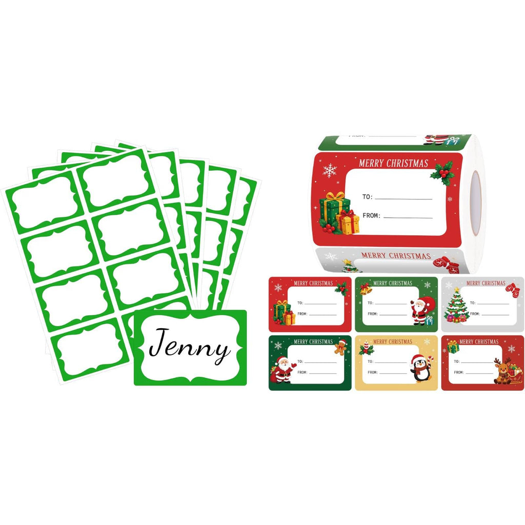 200Pcs Green Name Tag Stickers+500Pcs Christmas Name Tag Stickers
