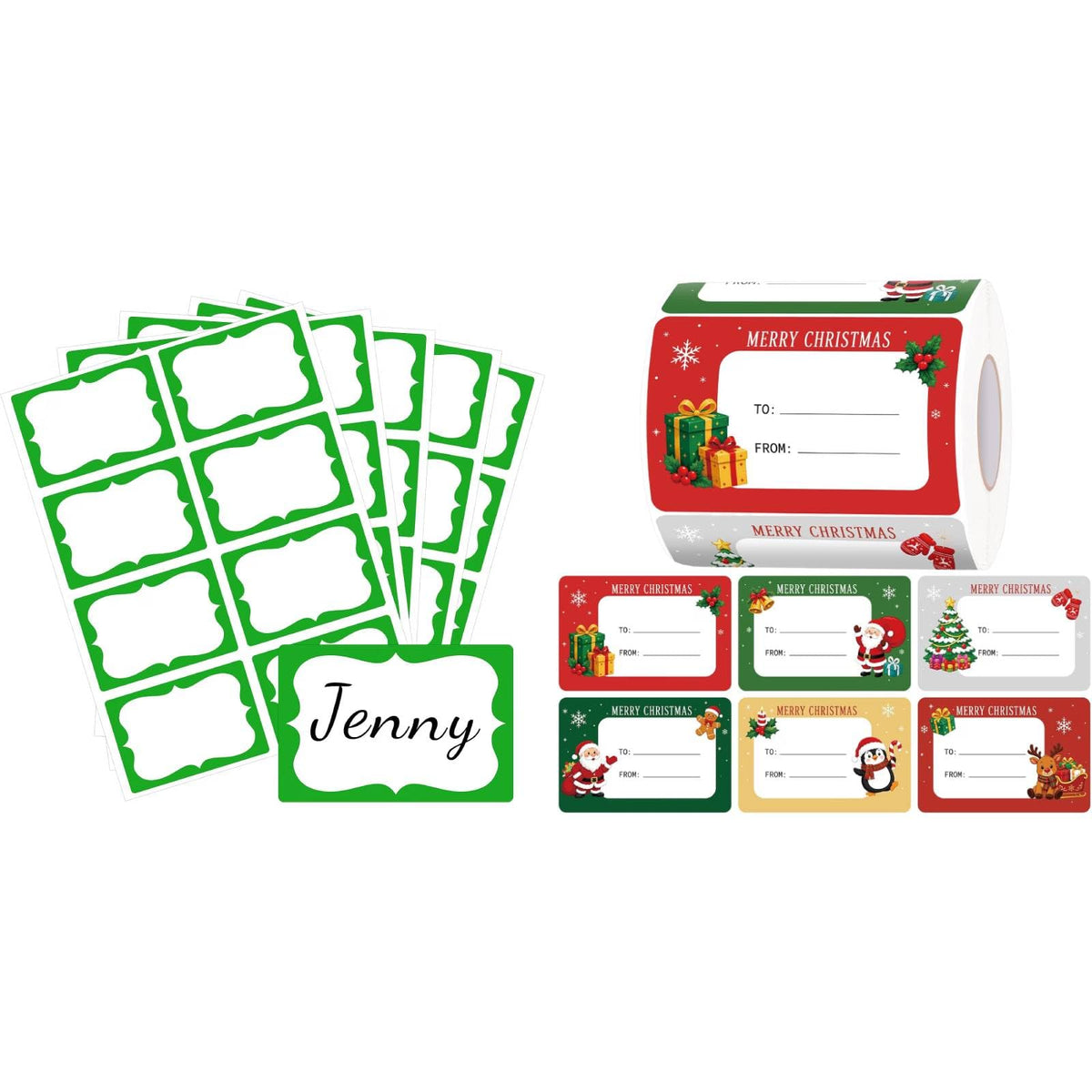 200Pcs Green Name Tag Stickers+500Pcs Christmas Name Tag Stickers