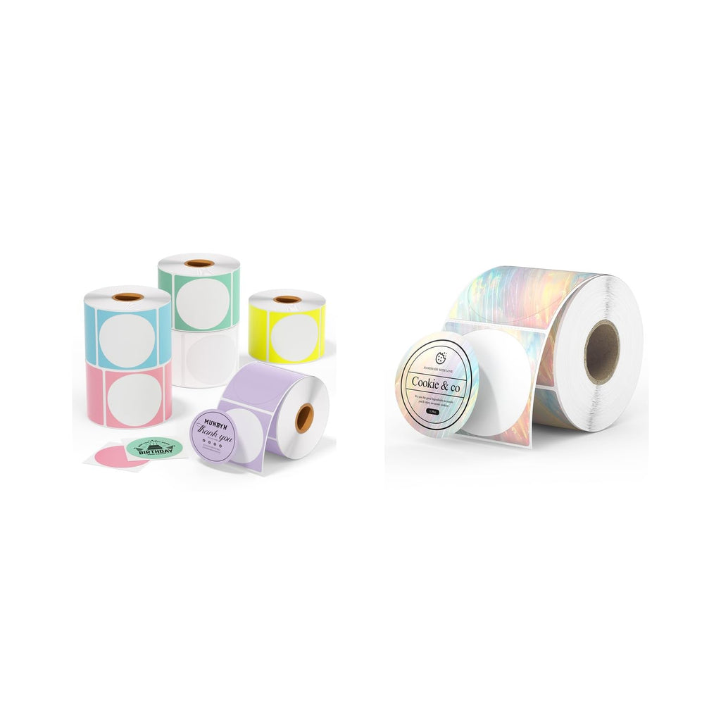 2" Color Circle Thermal Stickers 6 Rolls-4,500 Labels+2" Shell Texture Round Thermal Labels 500 Labels/Roll