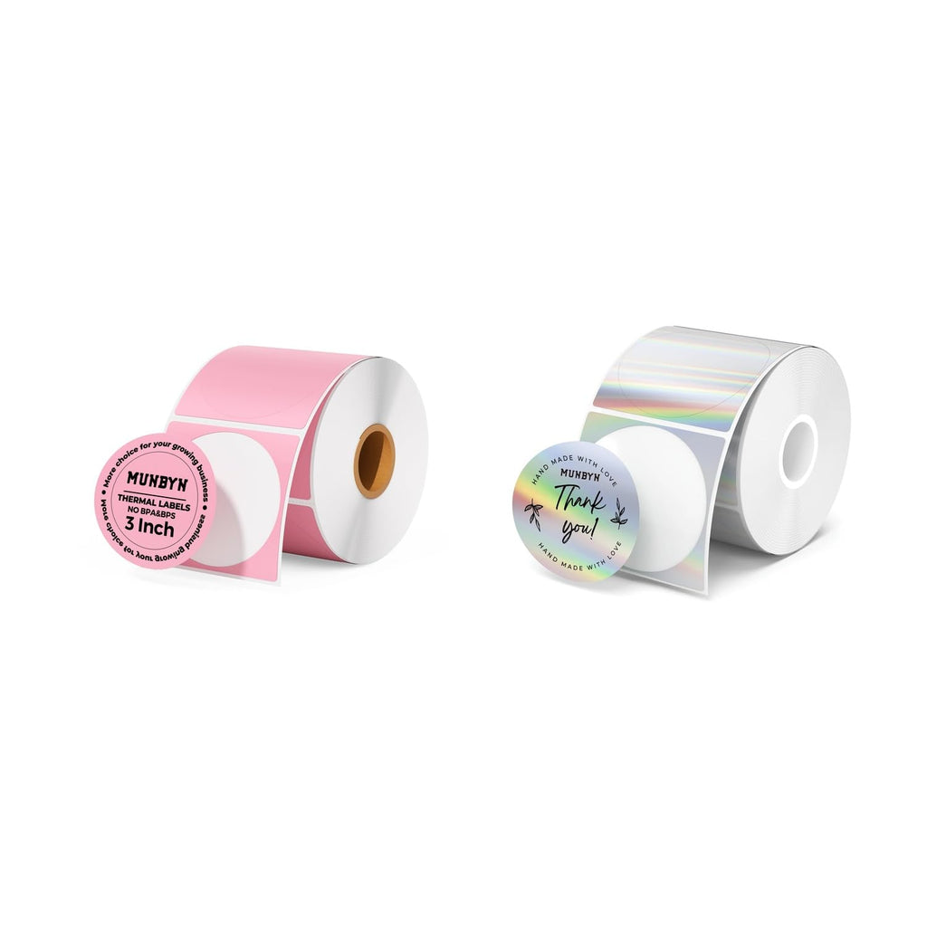 3" Pink Circle Thermal Labels 500 Labels/Roll+Holographic Thermal Labels 400 Sheets/1 Roll