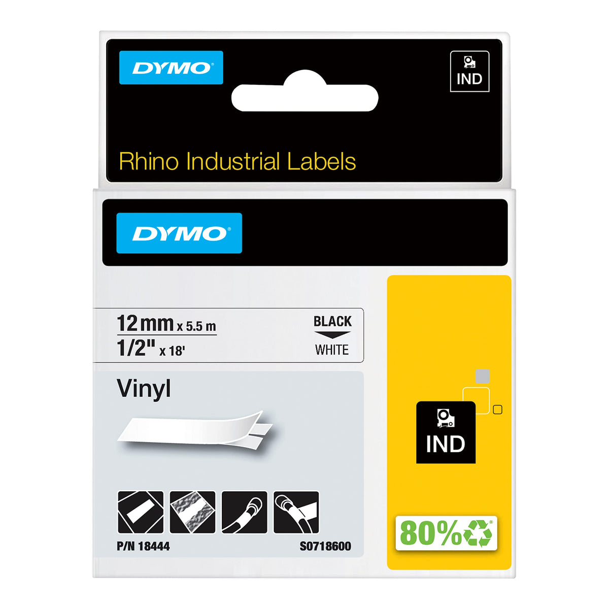 DYMO Rhino Industrial Vinyl Labels 1/2" Black Print on White Tape Black on White 1/2" (12MM)